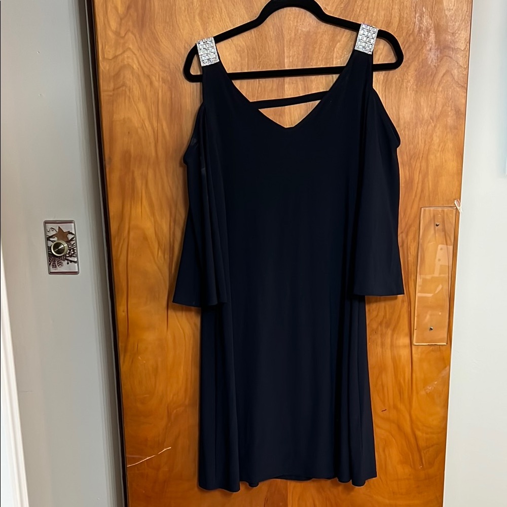 Women’s Navy Blue Cold Shoulder XL Dress with Silver Accents Fluttered Sleeve